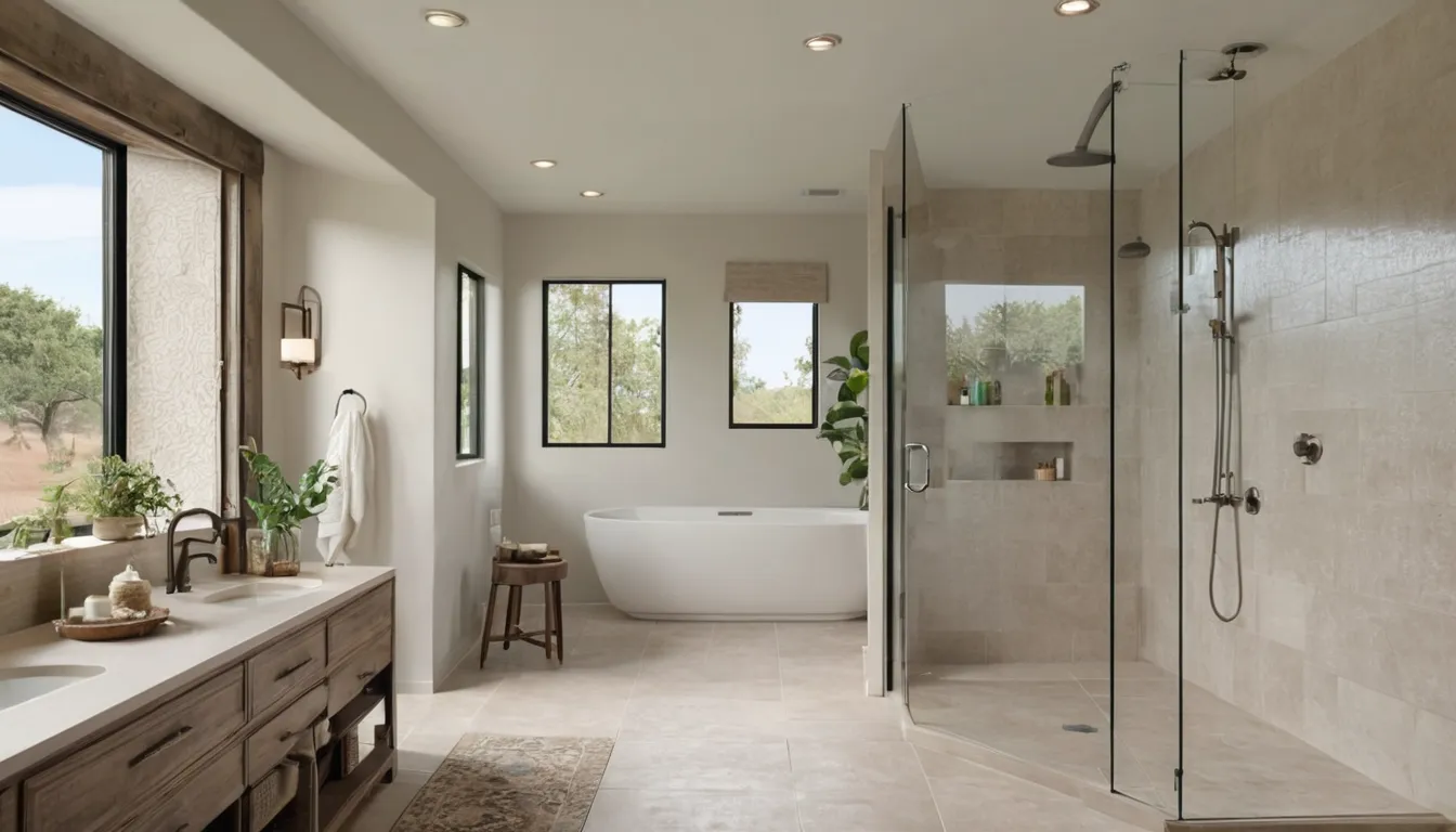 Remodeled walk-in shower with neutral tile in a bright bathroom of a San Diego home